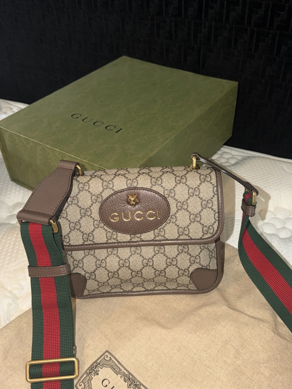 Gucci Beige GG Supreme Canvas Crossbody with Brown Trim and Green-Red Web Strap